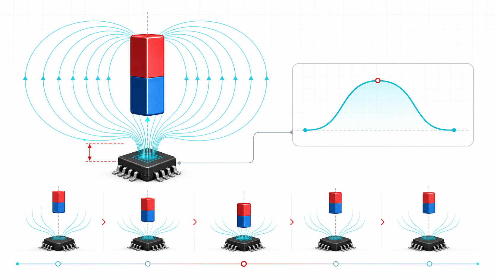 Mıknatıs ve Hall effect sensör arasındaki temassız ölçümü gösteren infografik