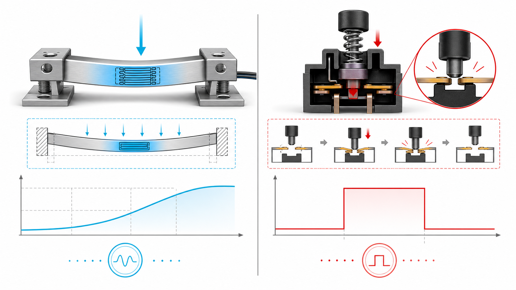 Loadcell kuvvet ölçümü ve switch açık kapalı sinyal mantığını gösteren infografik