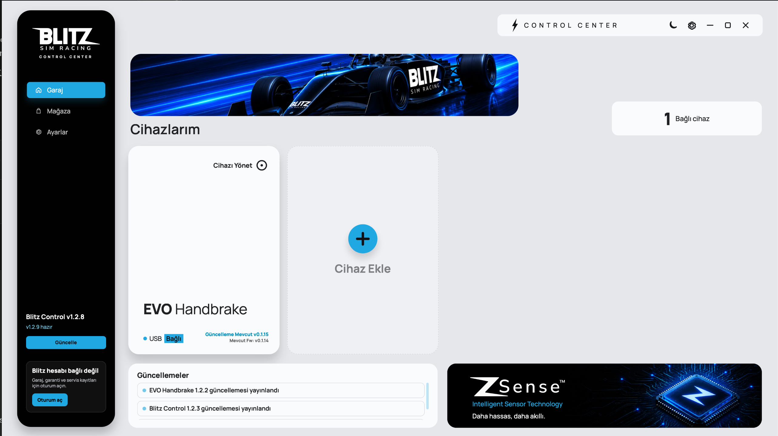 Blitz Control EVO El Freni cihaz yönetim ekranı