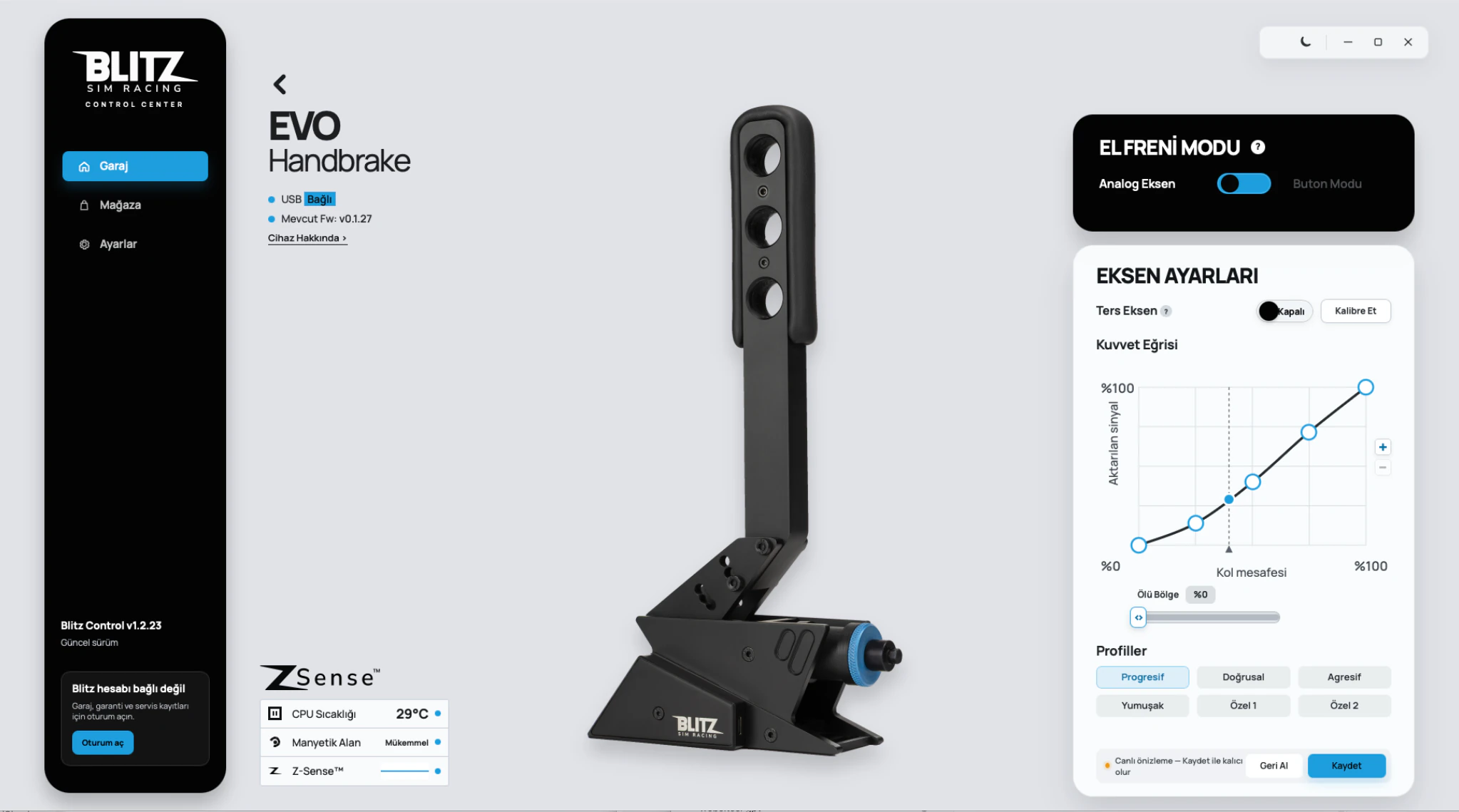 Blitz Control yazılımında EVO El Freni kuvvet eğrisi ve eksen ayar ekranı