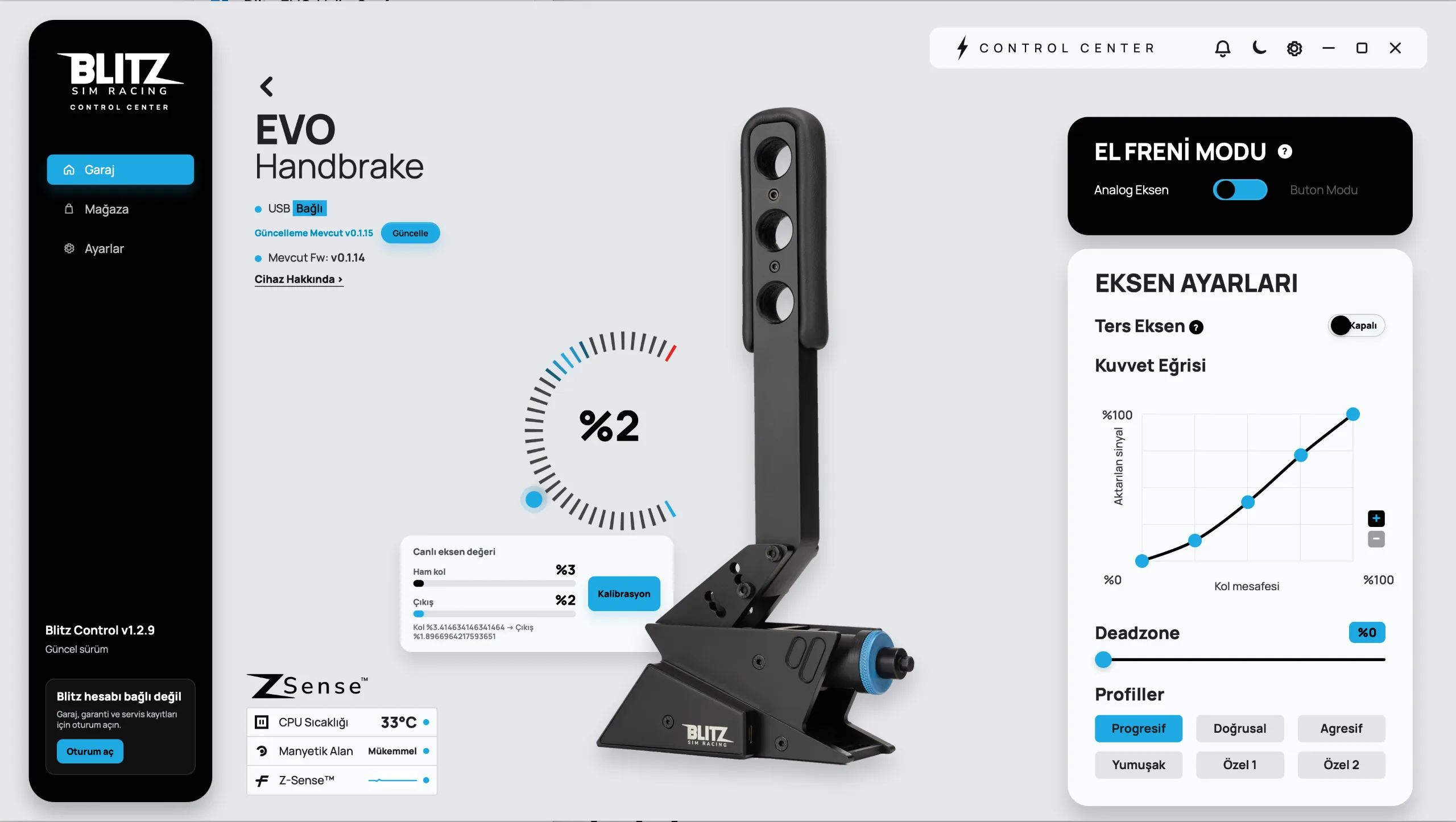 Blitz Control EVO El Freni yönetim ekranı